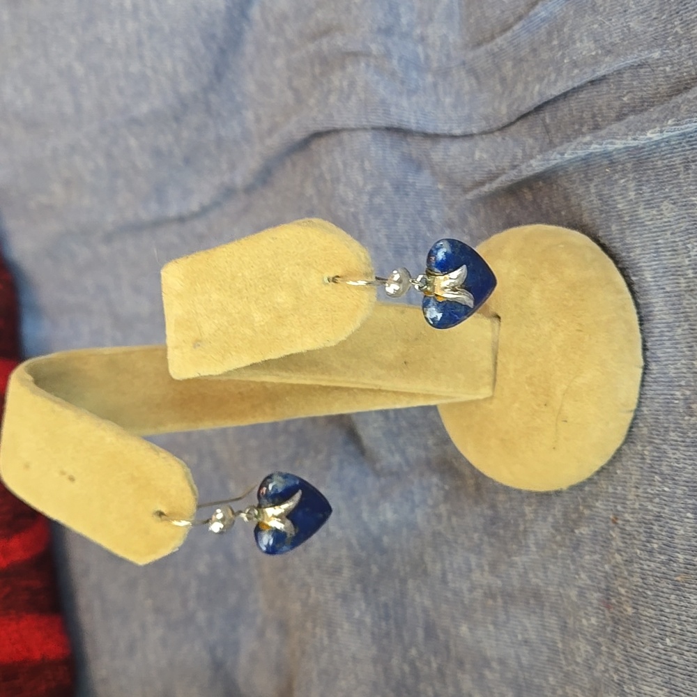 Vintage, Natural Heart Shaped Blue Stone, silver tone, dangle pierced Earrings
